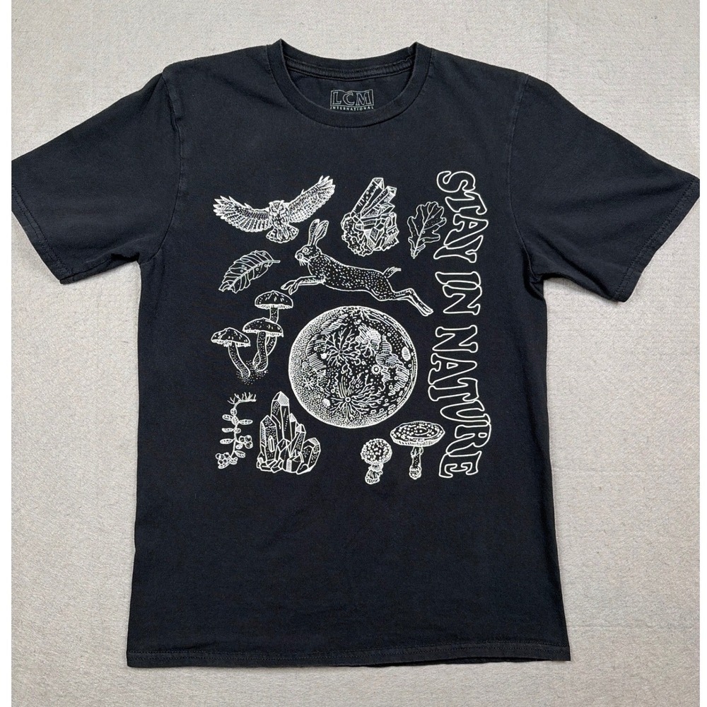Mushroom Nature Graphic T-Shirt Black Moon Mushrooms Wildlife Women's Small